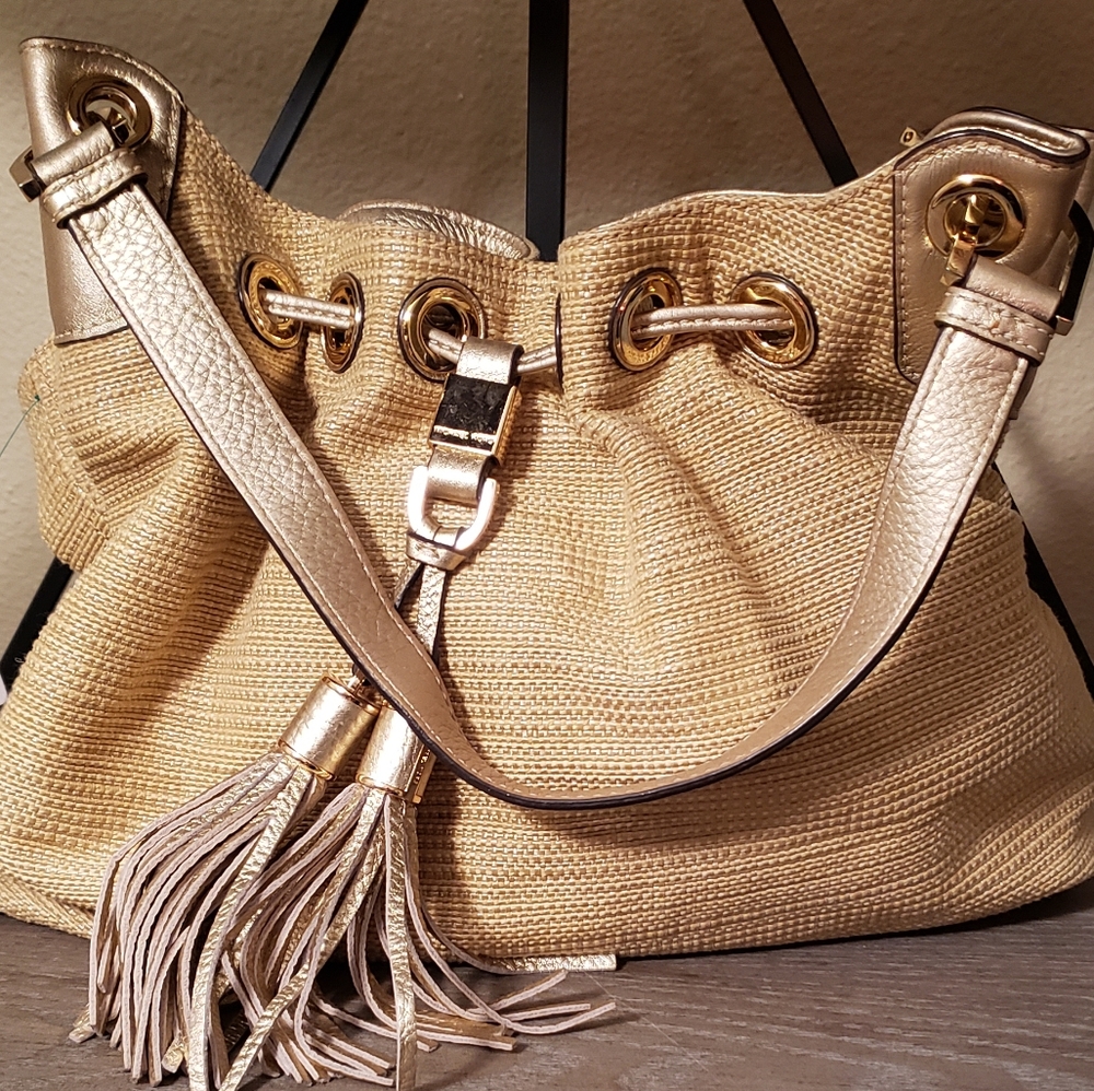 Michael Kors Straw Shoulder Bag with Gold Metallic Trim and Tassels